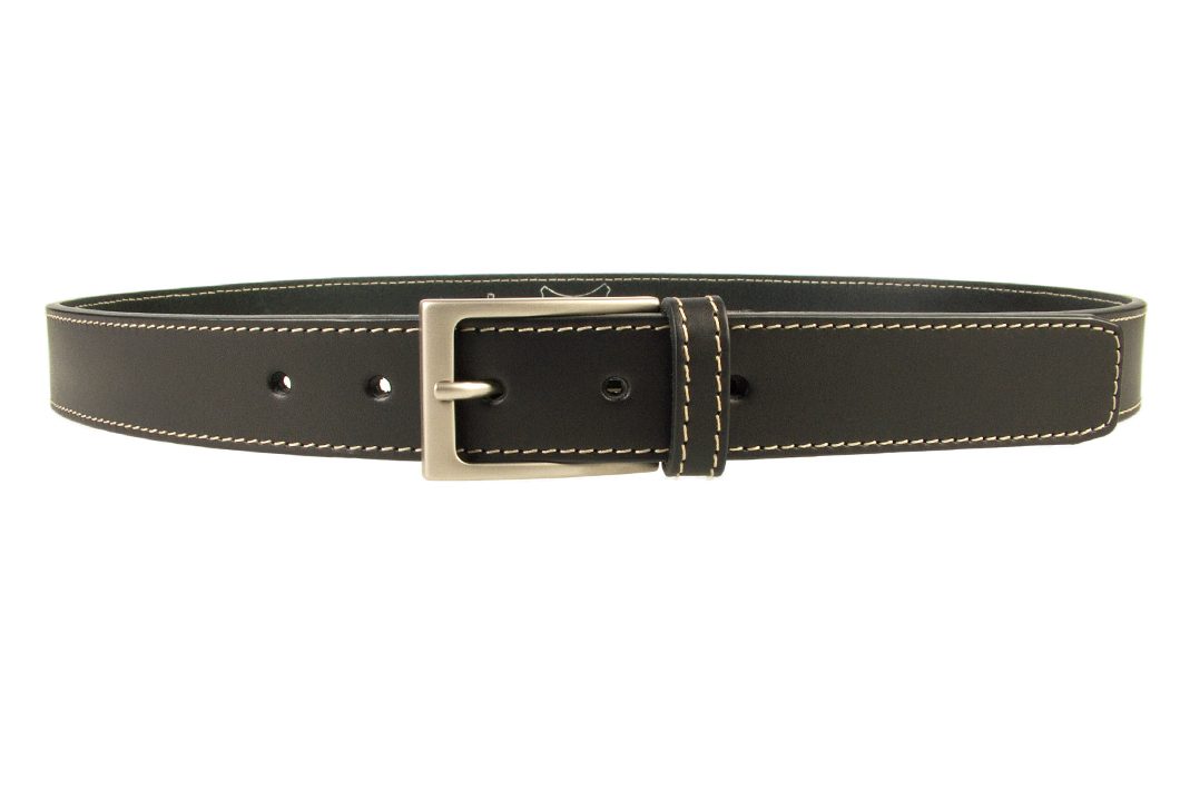 Stitched Belt | Black Leather | 1 3/16 inch Wide | Contrasting Stitched Edge | Matt Nickel Plated Buckle | Made In UK | Front Image