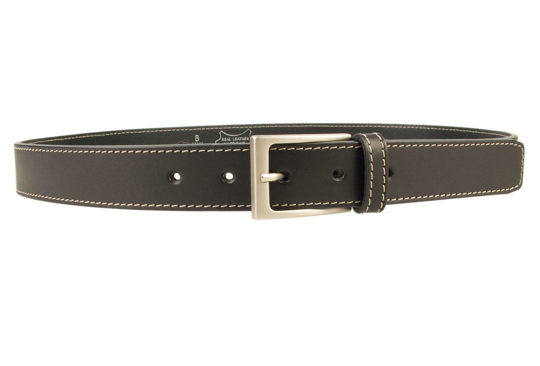 Stitched Belt | Black Leather | 1 3/16 inch Wide | Contrasting Stitched Edge | Matt Nickel Plated Buckle | Made In UK | Right Facing Image