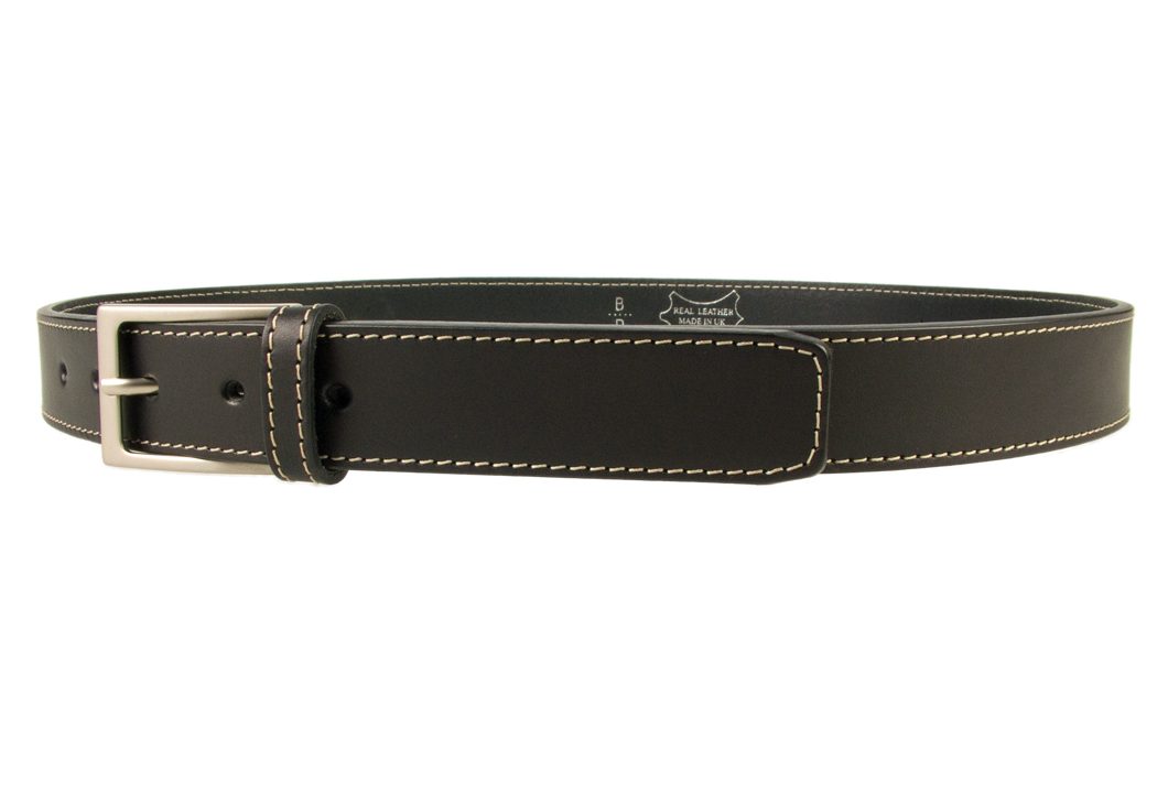 Stitched Belt | Black Leather | 1 3/16 inch Wide | Contrasting Stitched Edge | Matt Nickel Plated Buckle | Made In UK | Left Facing Image