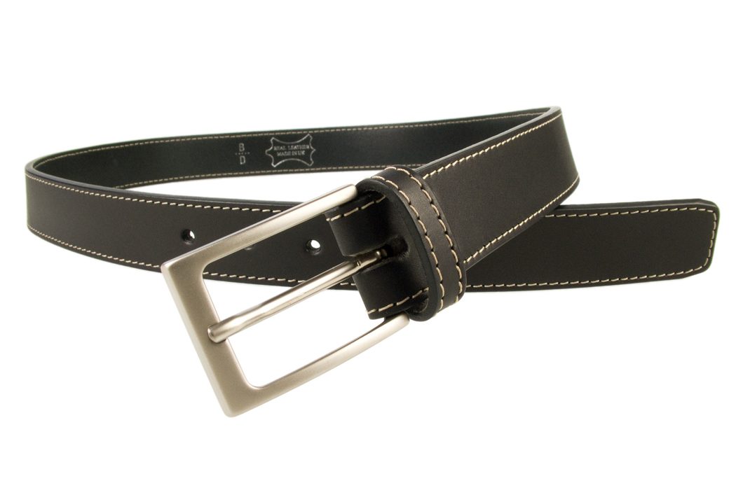 Stitched Belt | Black Leather | 1 3/16 inch Wide | Contrasting Stitched Edge | Matt Nickel Plated Buckle | Made In UK | Open Image 1