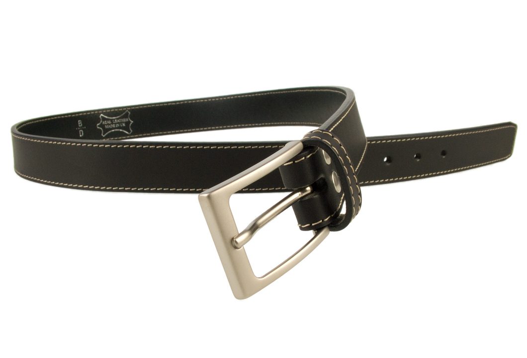 Stitched Belt | Black Leather | 1 3/16 inch Wide | Contrasting Stitched Edge | Matt Nickel Plated Buckle | Made In UK | Open Image 2