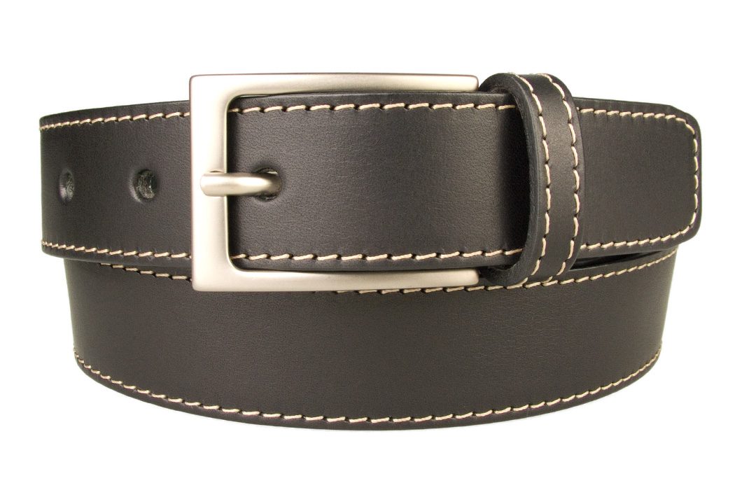 Stitched Belt| Black Leather | 1 3/16 inch Wide | Contrasting Stitched Edge | Matt Nickel Plated Buckle | Made In UK | Front Rolled Image