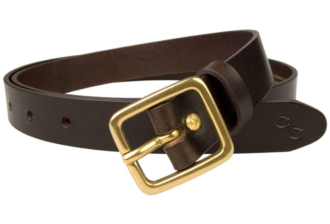 Dark Brown Narrow Leather Belt With Solid Brass Buckle - BELT DESIGNS