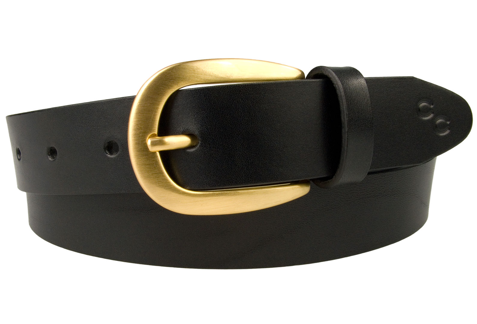 Ladies Black Leather Belt With Hand Brushed Gold Buckle 